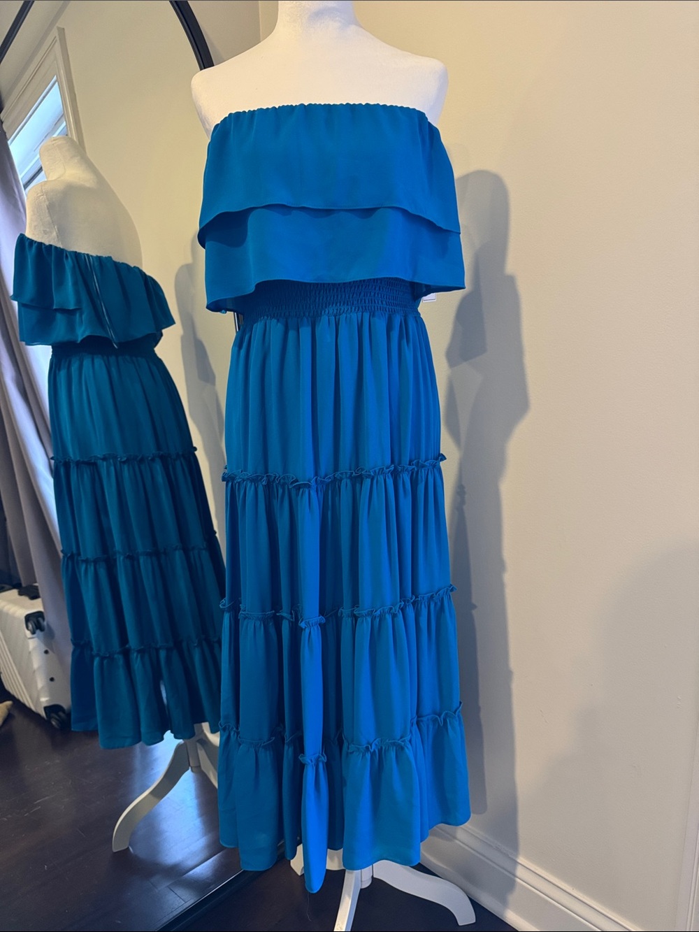 1. State Strapless Tiered Maxi Dress in Teal Blue